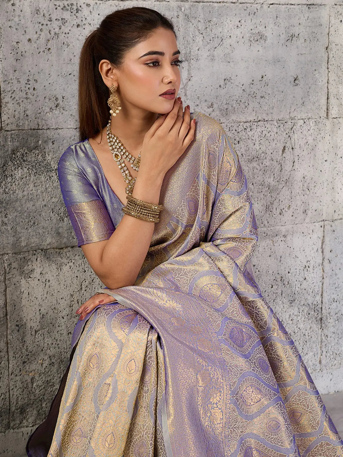 Tarani lavender Kanjivaram Silk Blend saree side view with rich woven motifs and zari border
