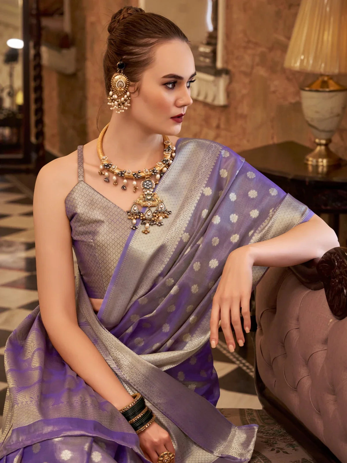 Tarani lavender zari tissue silk saree side view highlighting pallu and woven texture