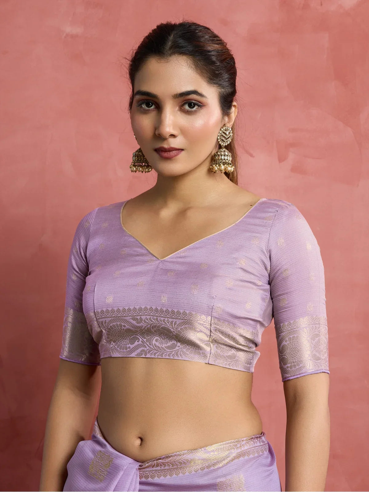 Tarani lavender silk saree closeup showing blouse with sleeve patta upper body view