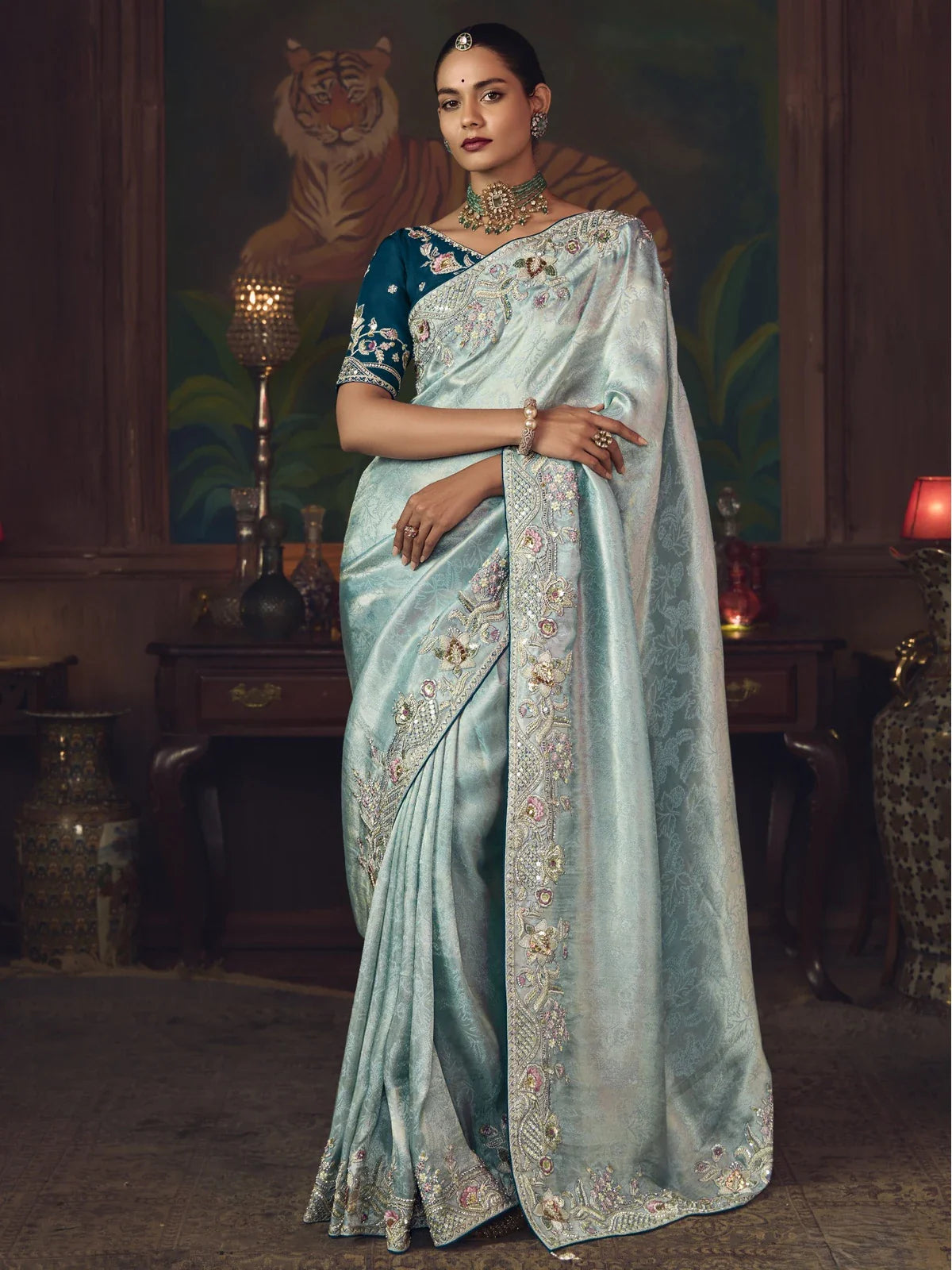 Tarani light blue silk saree with embroidery and contrast designer blouse front full view