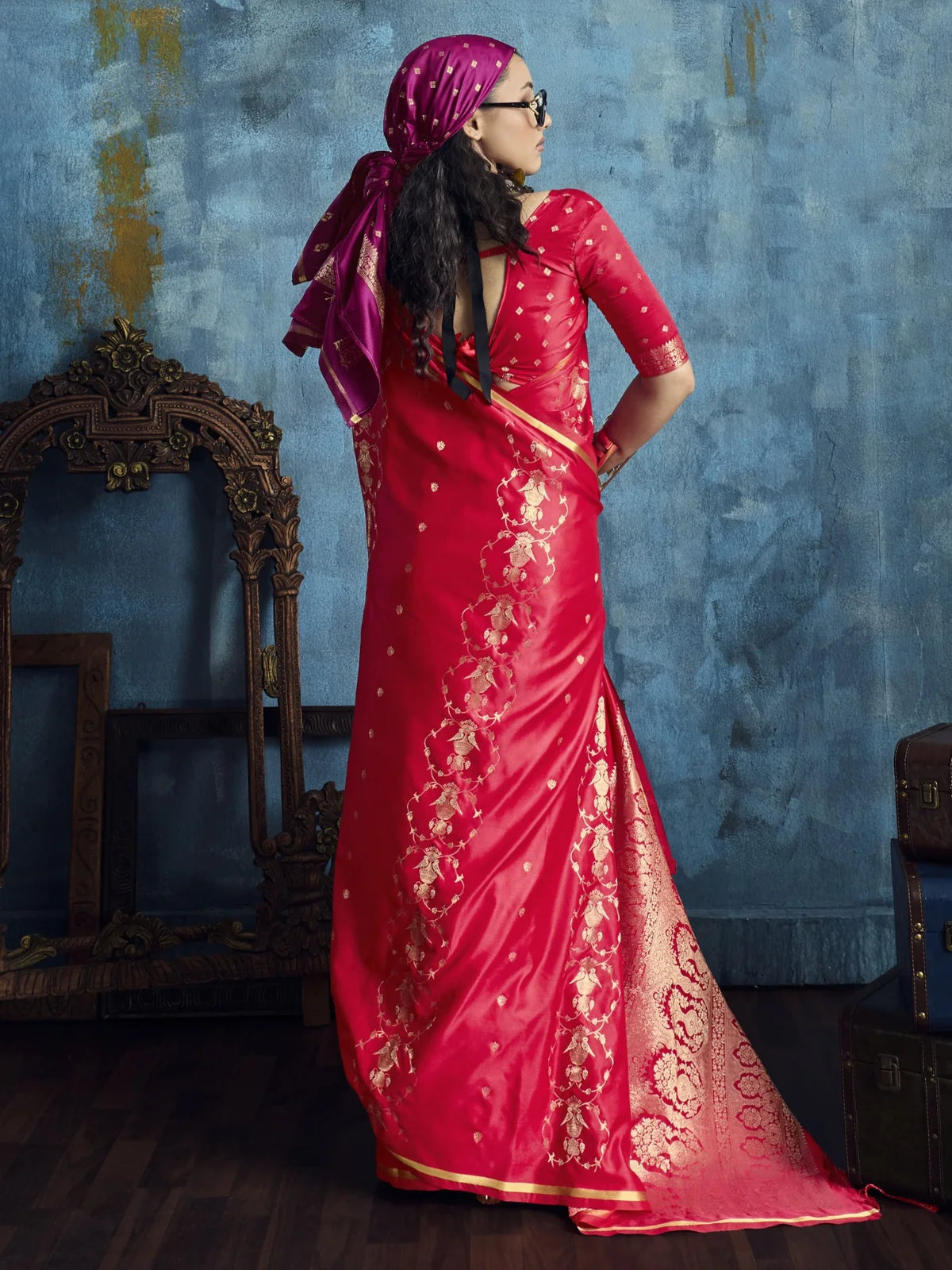 Tarani Aakasha back view of magenta satin silk saree with woven blouse design and graceful drape