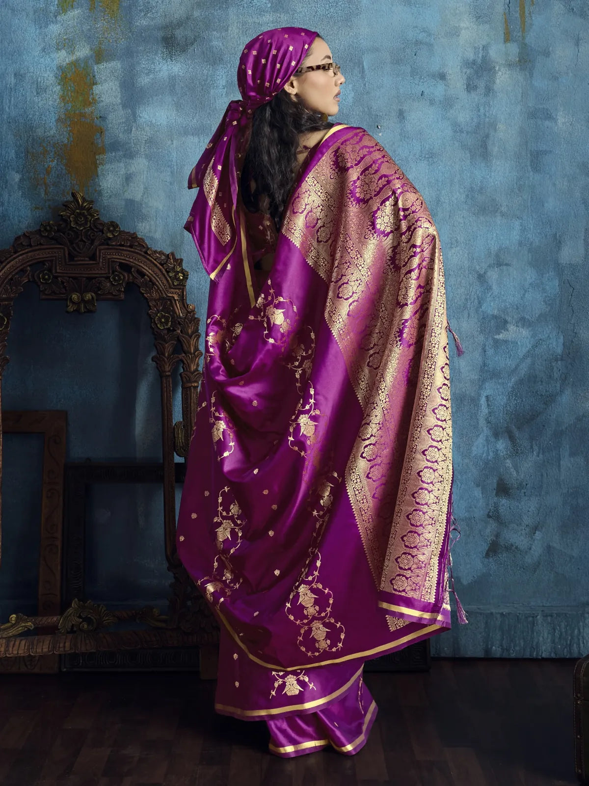Tarani Nehal magenta satin silk saree back view with woven pallu and border