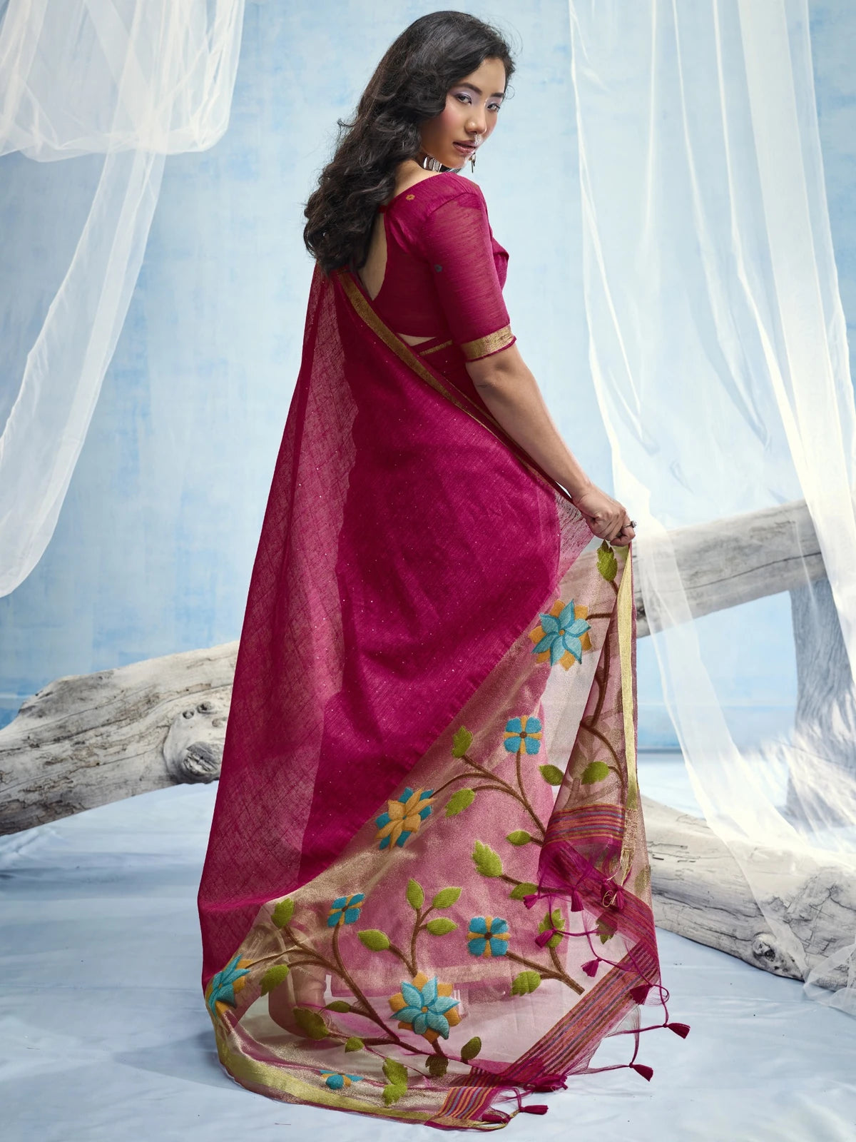 Tarani Juhi pure Munga silk handloom saree back view with floral tissue pallu and tassels
