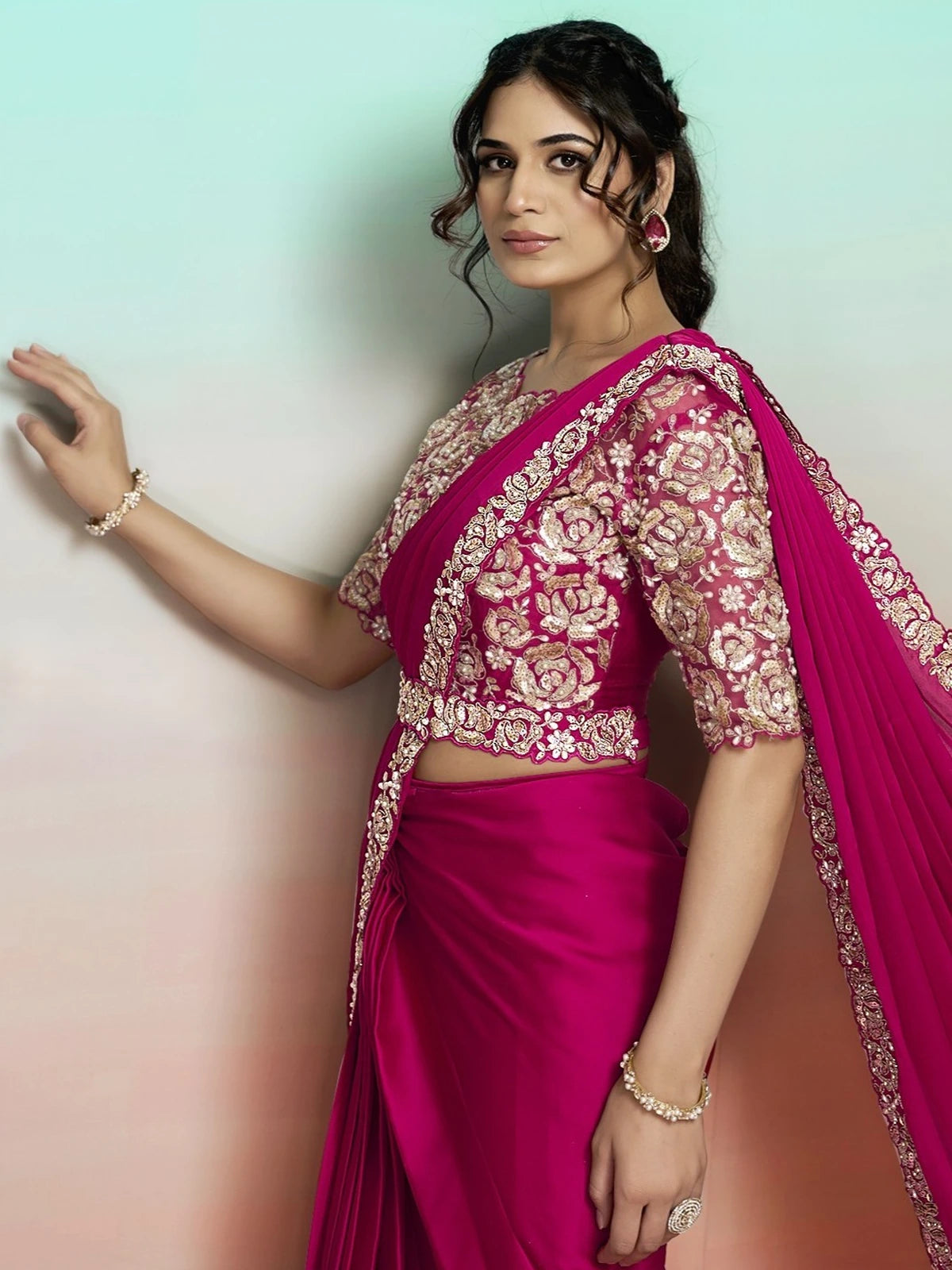 Tarani Vandana magenta saree with tissue satin silk floral sequin stone pearl blouse view