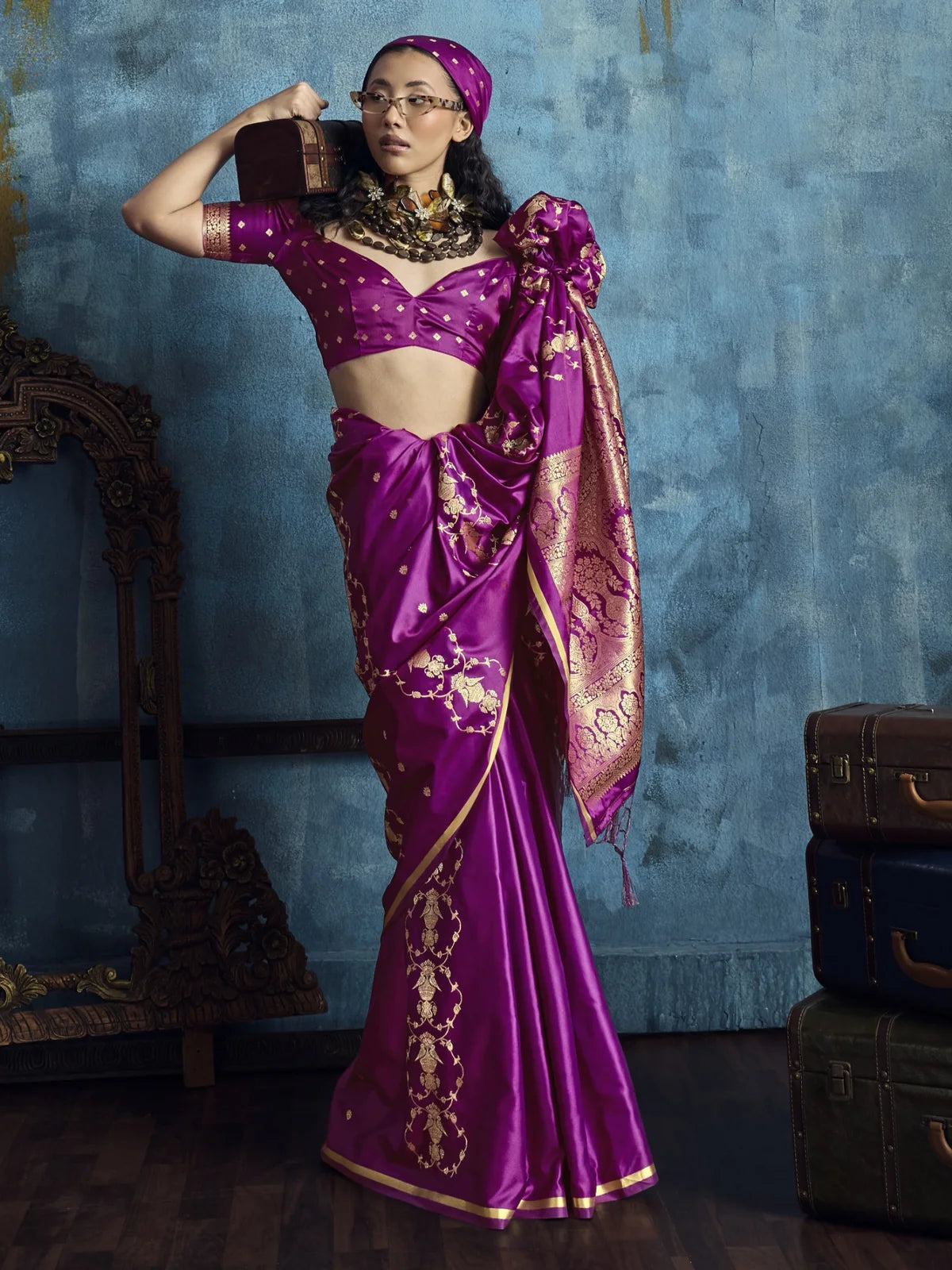 Tarani Nehal magenta silk saree front pose with woven border and elegant drape