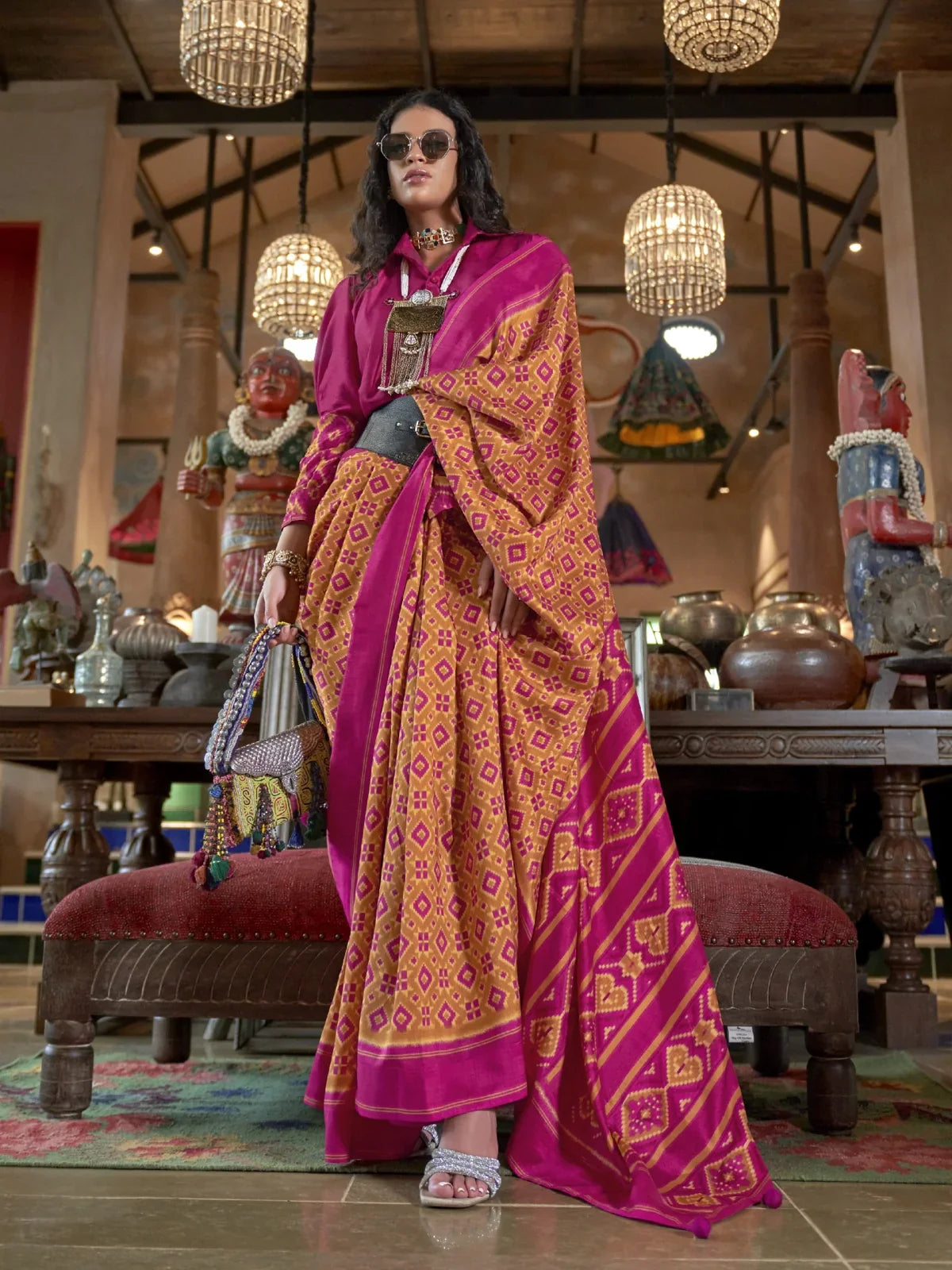 Tarani premium silk saree in magenta with double ikkat design full front view for festive occasions