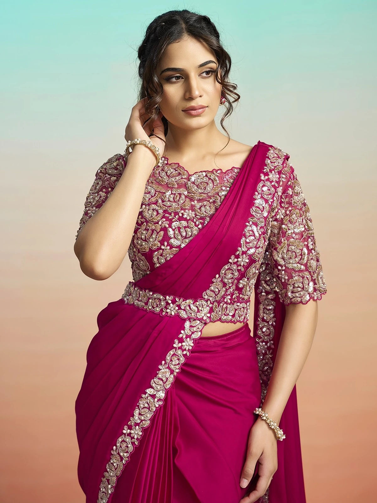Tarani Vandana magenta satin silk saree with embellished stitched blouse upper body view