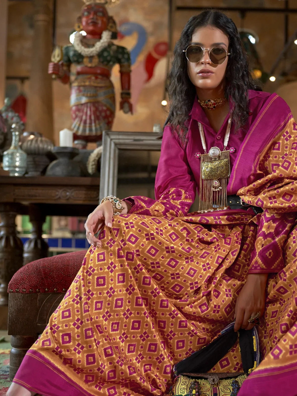 Tarani festive silk saree upper body closeup view with traditional accessories and elegant drape