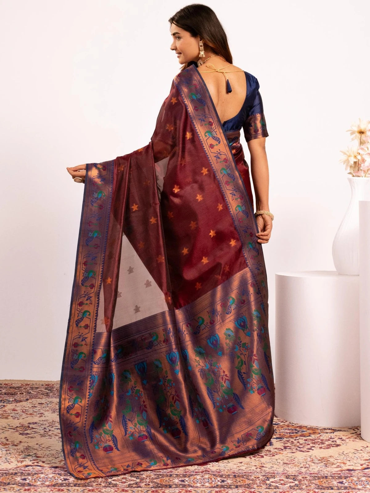Tarani premium maroon Soft Tissue Silk Paithani saree back-view Kahini
