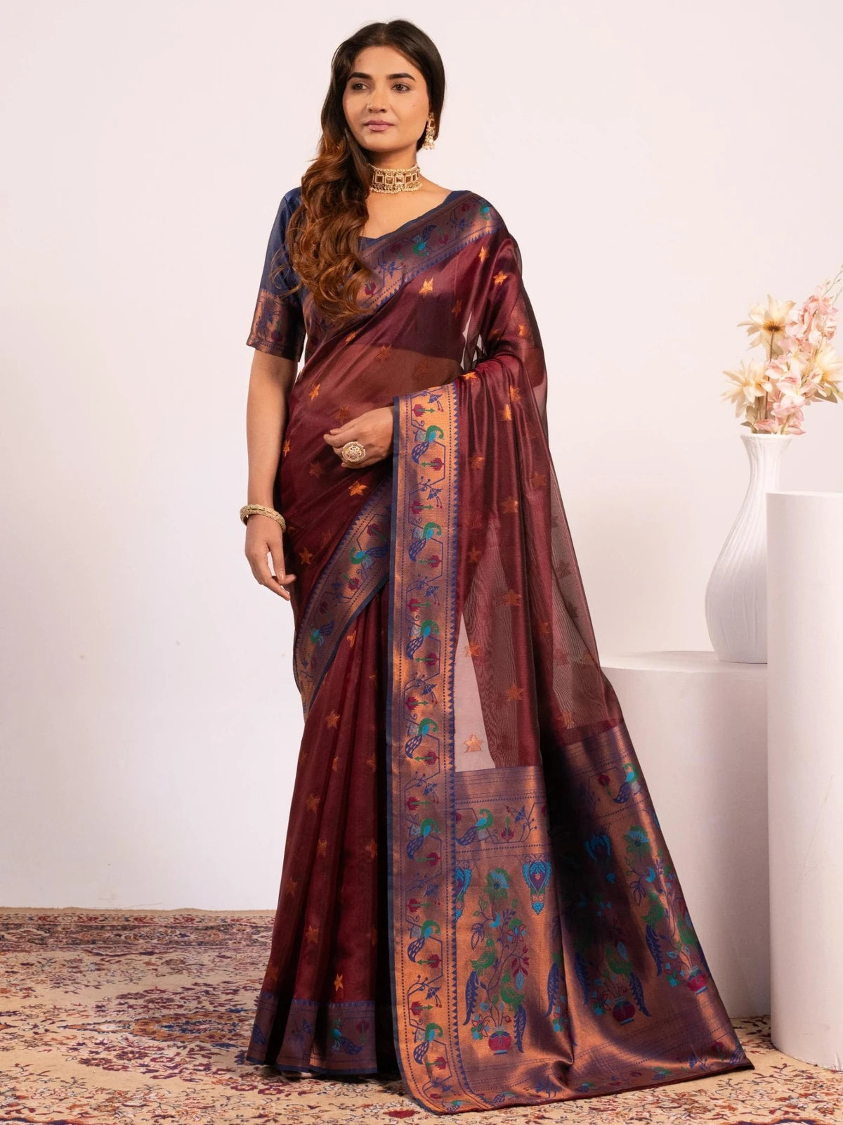 Tarani premium maroon Soft Tissue Silk Paithani saree front-view Kahini