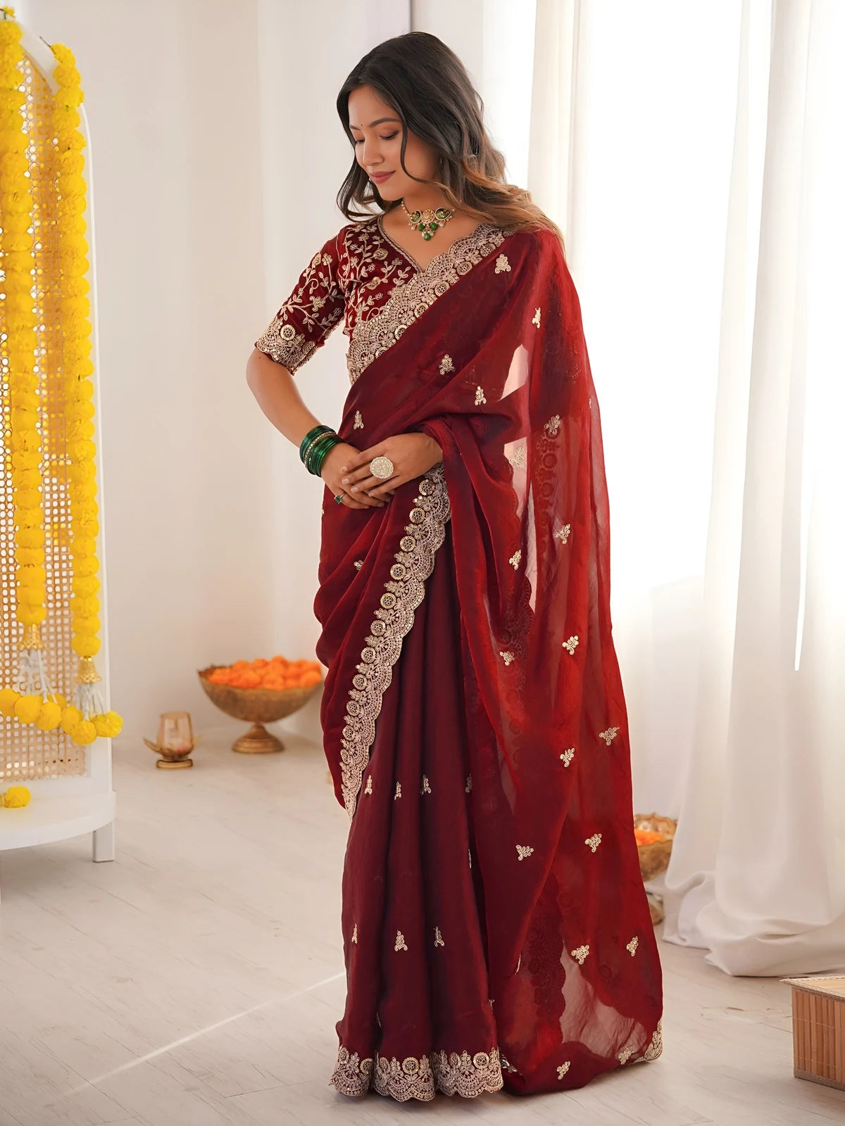 Tarani Mrunmayi maroon Fandy Satin Silk saree full view with sequin embroidery and cutwork border