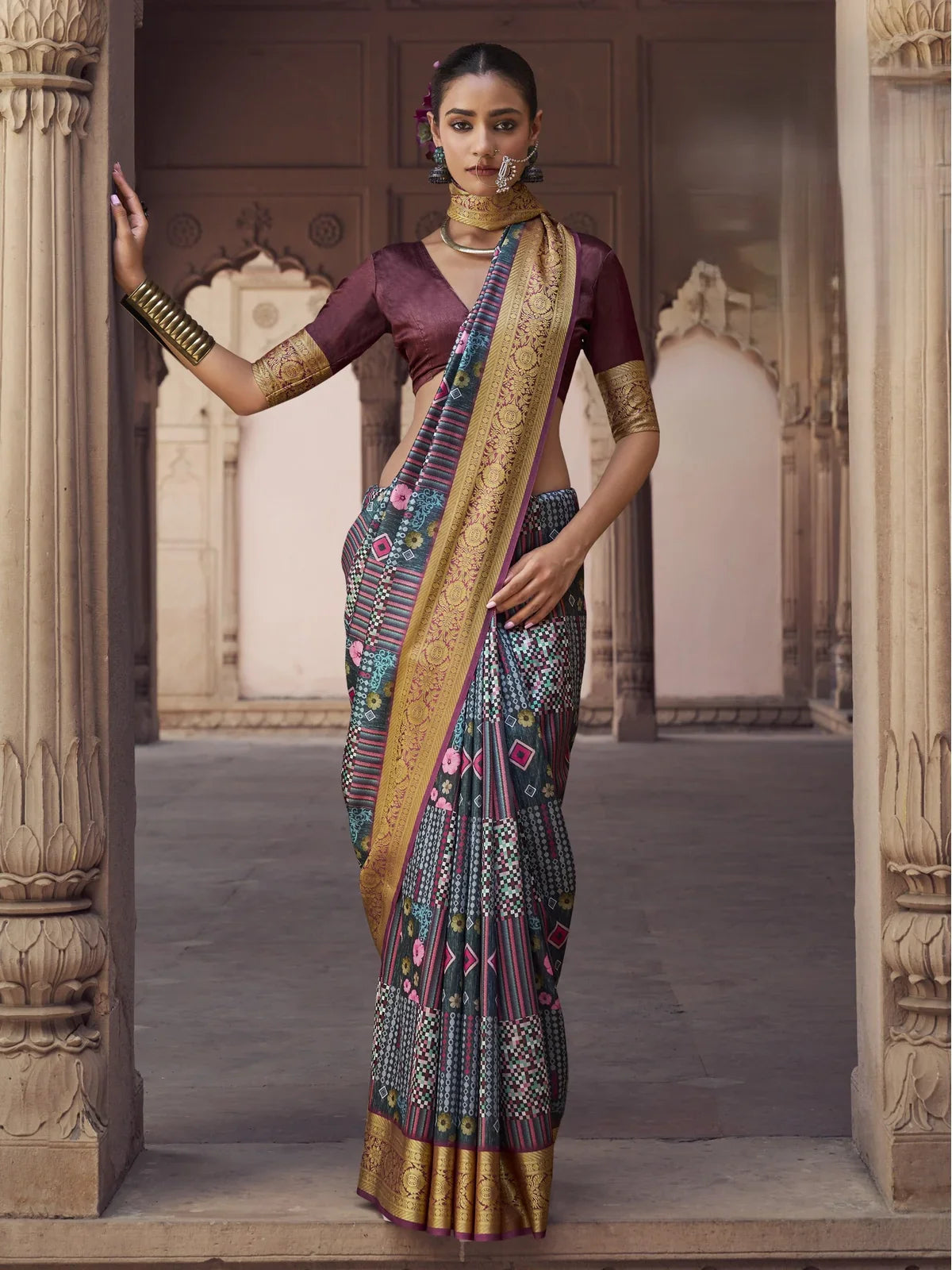 Tarani premium maroon silk saree with golden border full view