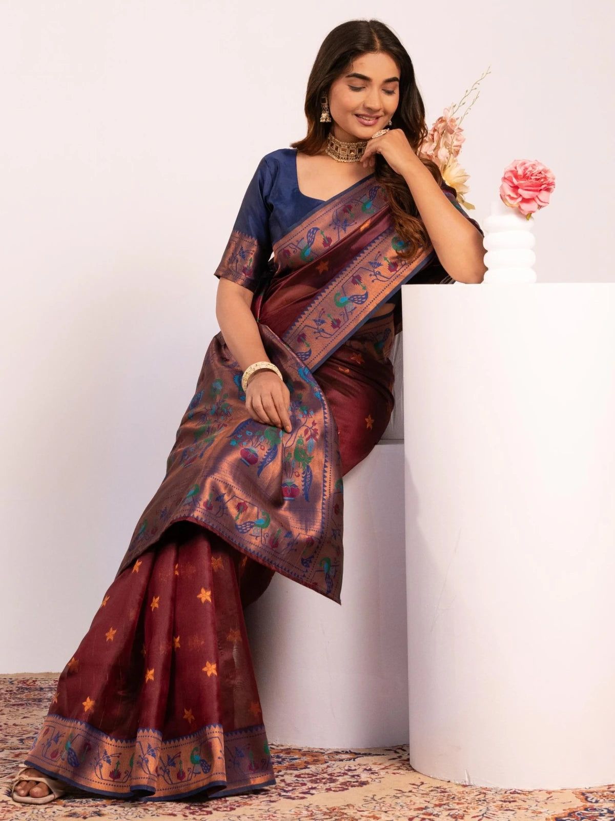 Tarani premium maroon Soft Tissue Silk Paithani saree pallu-view Kahini
