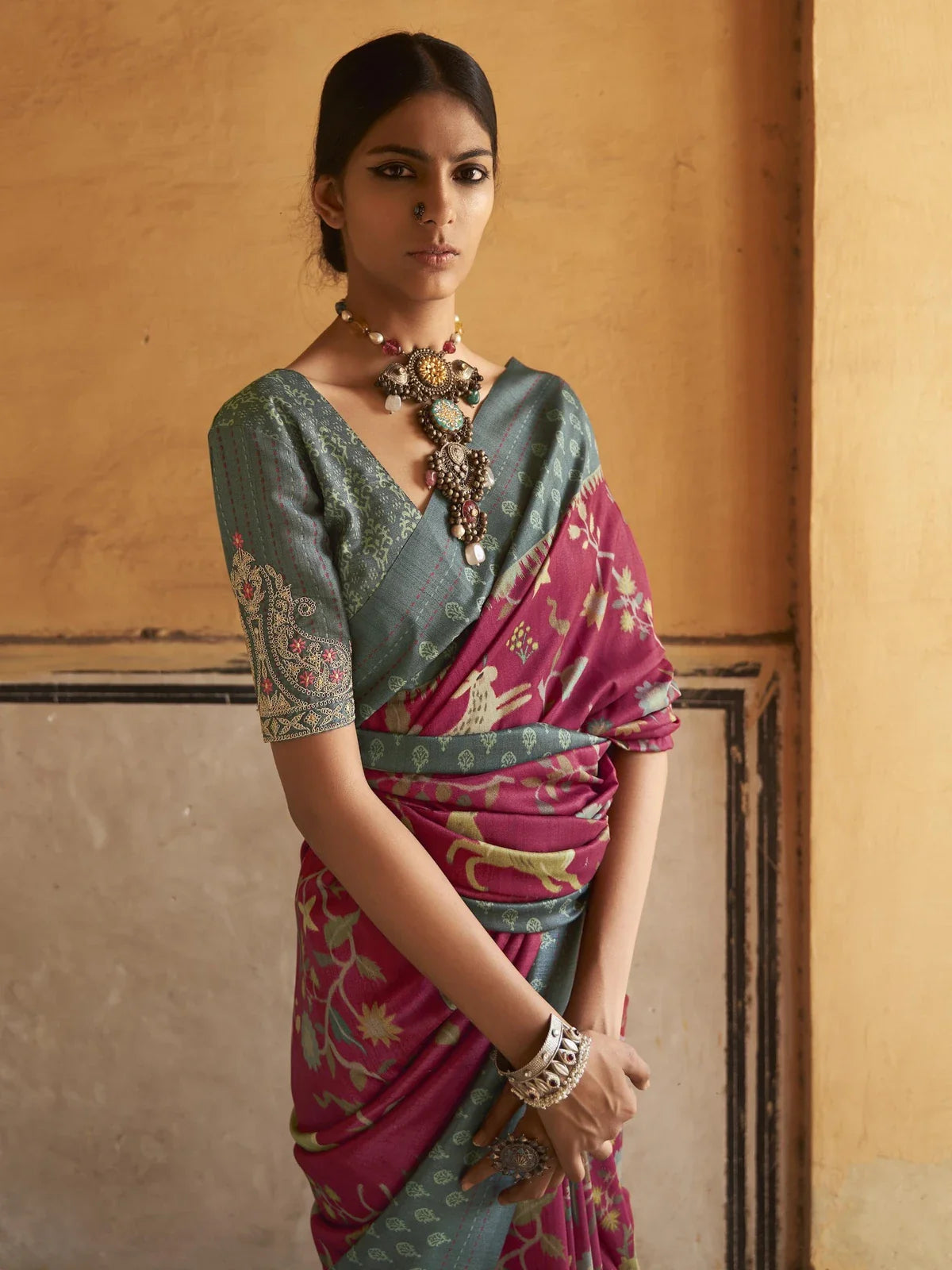 Tarani maroon soft tusser silk saree full view with kalamkari print and patola pallu