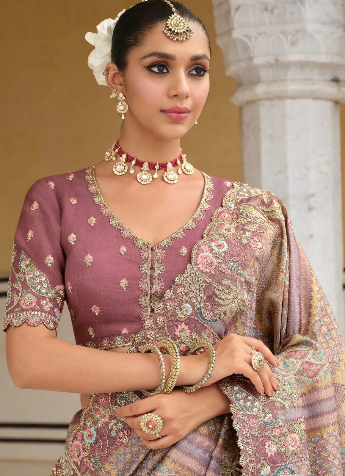 Tarani mauve saree blouse closeup in zari silk with embroidery khatli work - blouse view