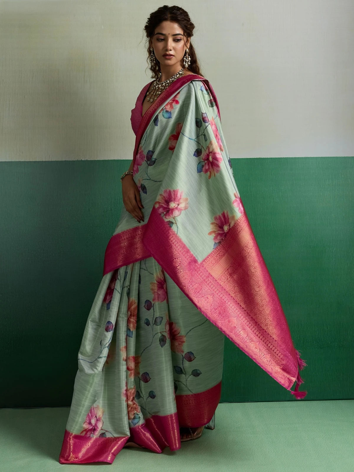 Tarani Pure Kanjivaram tissue silk saree in mint green floral print with pink border pallu-view