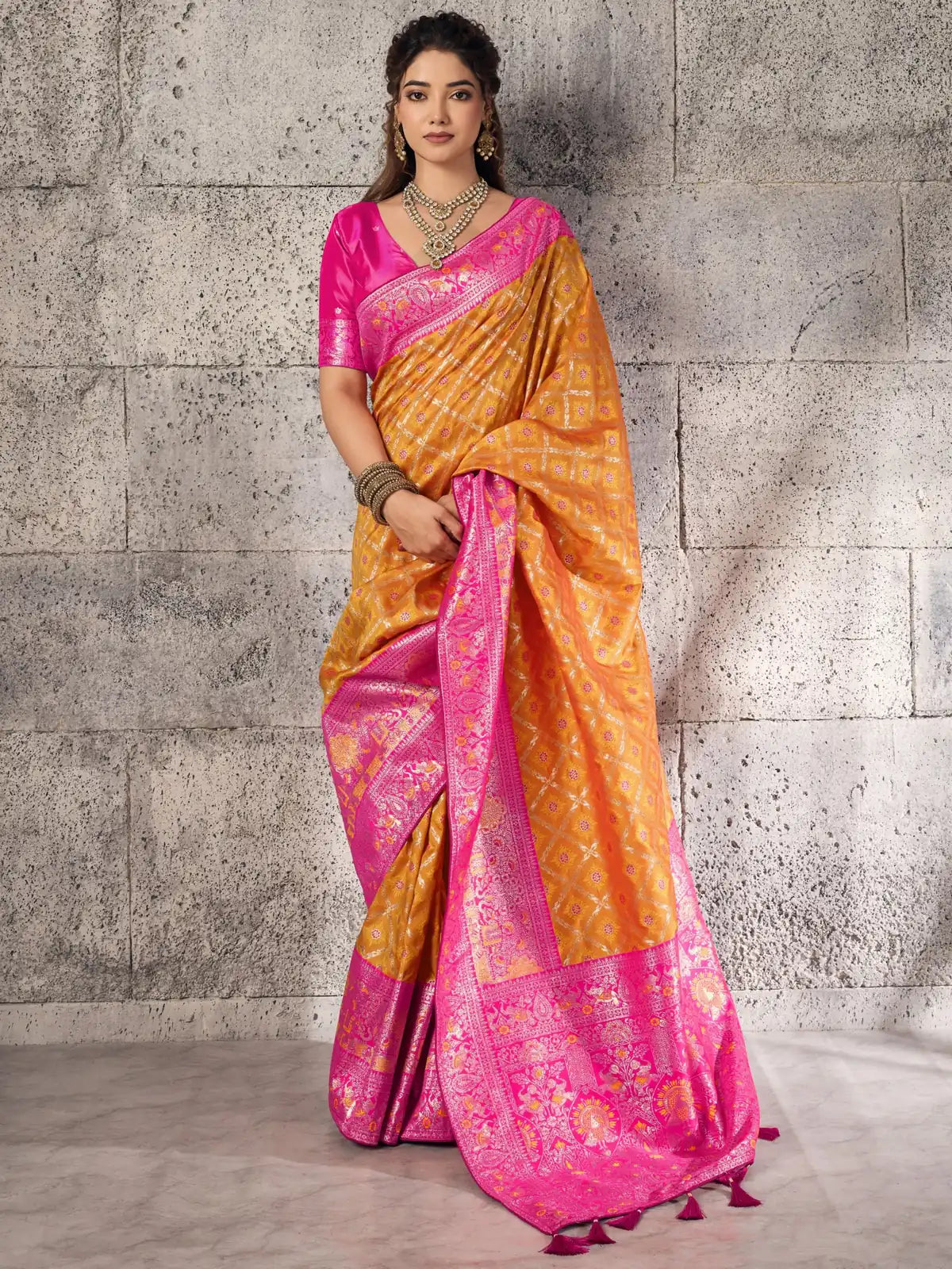 Tarani Banarasi silk mustard saree front view with rich zari border