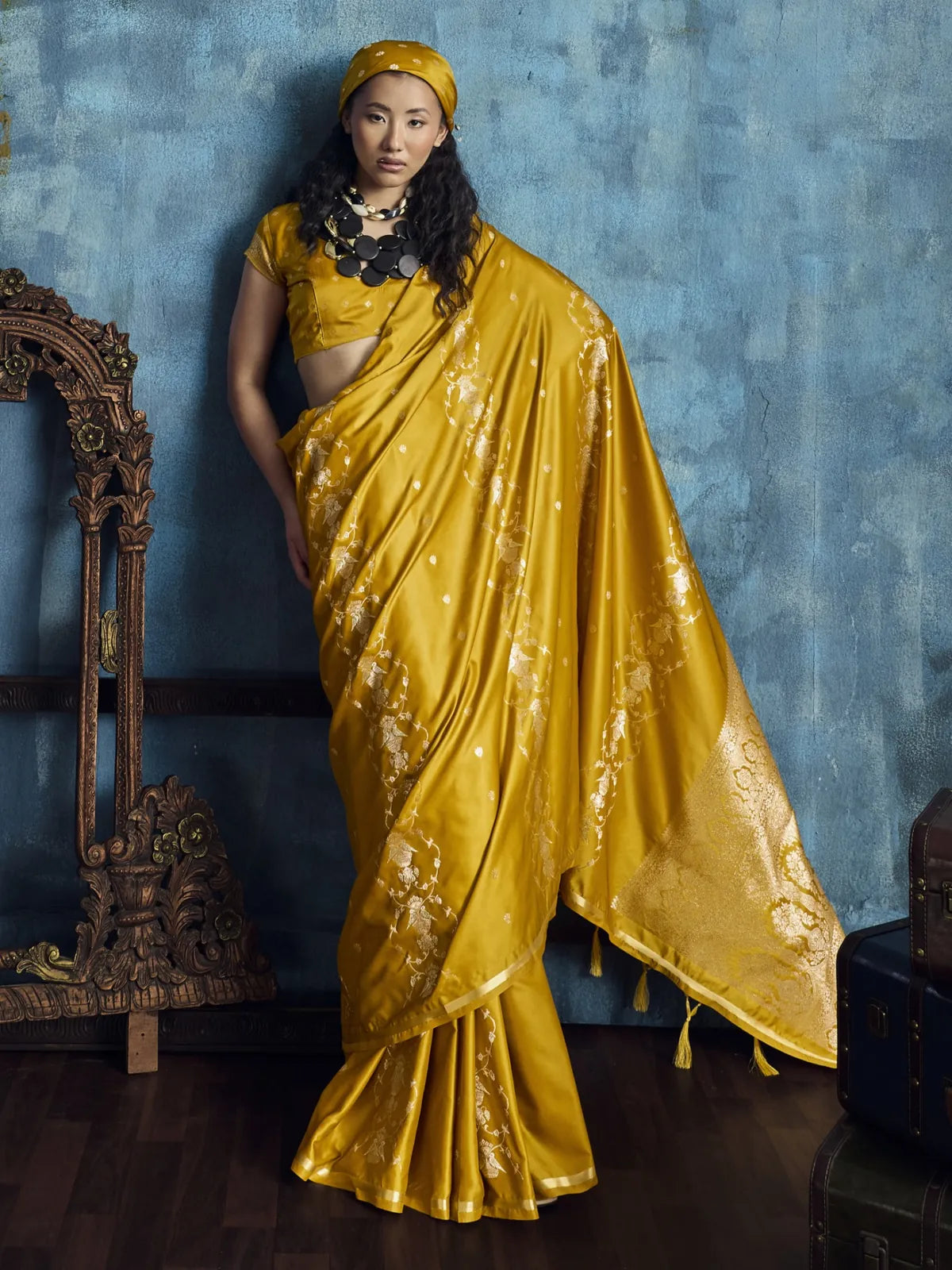 Tarani Nishika mustard satin handloom saree front view with elegant drape and woven motifs