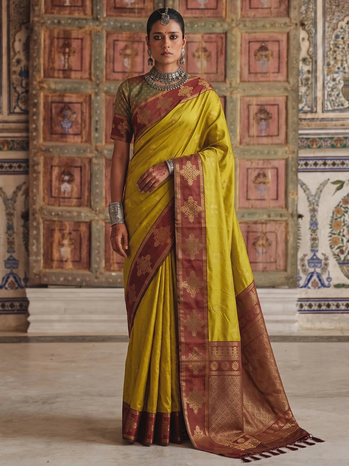 Tarani premium soft silk mustard saree with contrast border full view