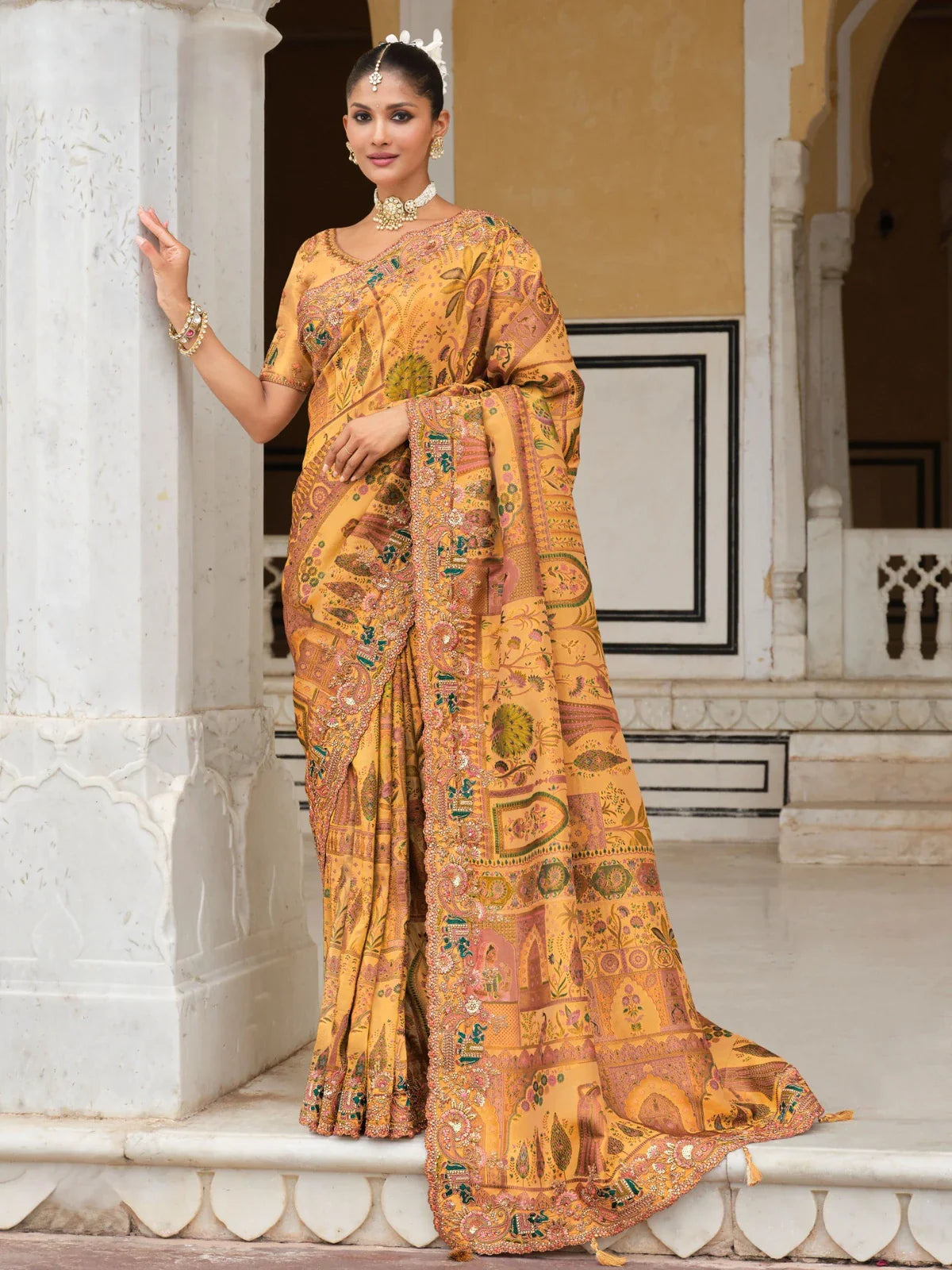 Tarani mustard designer silk saree full view with intricate embroidery and rich khatli work for wedding wear