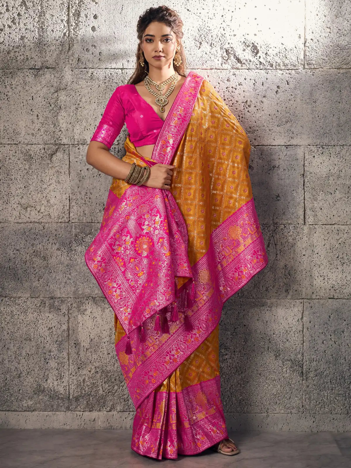 Tarani Banarasi silk mustard saree pallu view with peacock elephant woven motifs