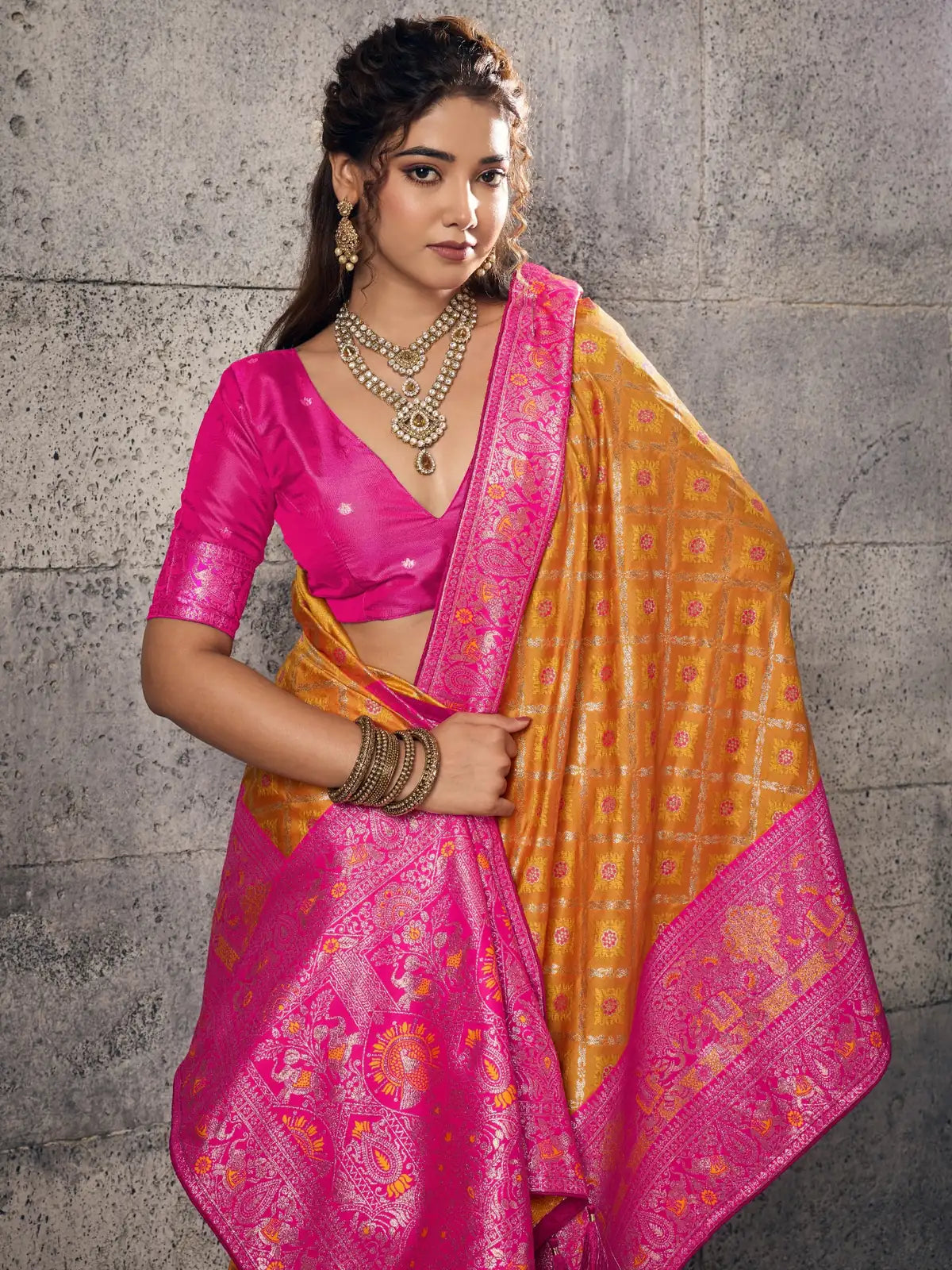Tarani Banarasi silk mustard saree upper body view highlighting woven blouse
