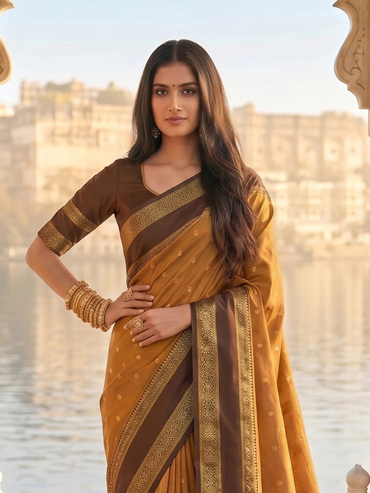 Tarani mustard soft silk saree upper body view with contrast zari border and blouse detailing