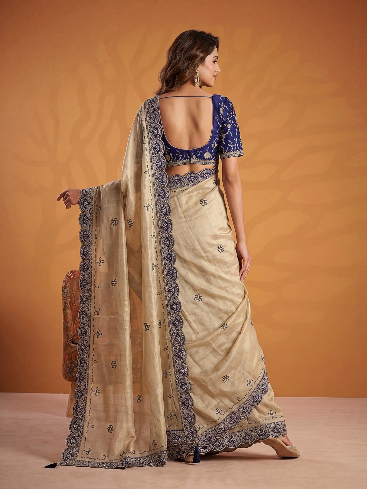 Tarani navy blue Erodee Silk saree back blouse view with embroidered detailing for weddings