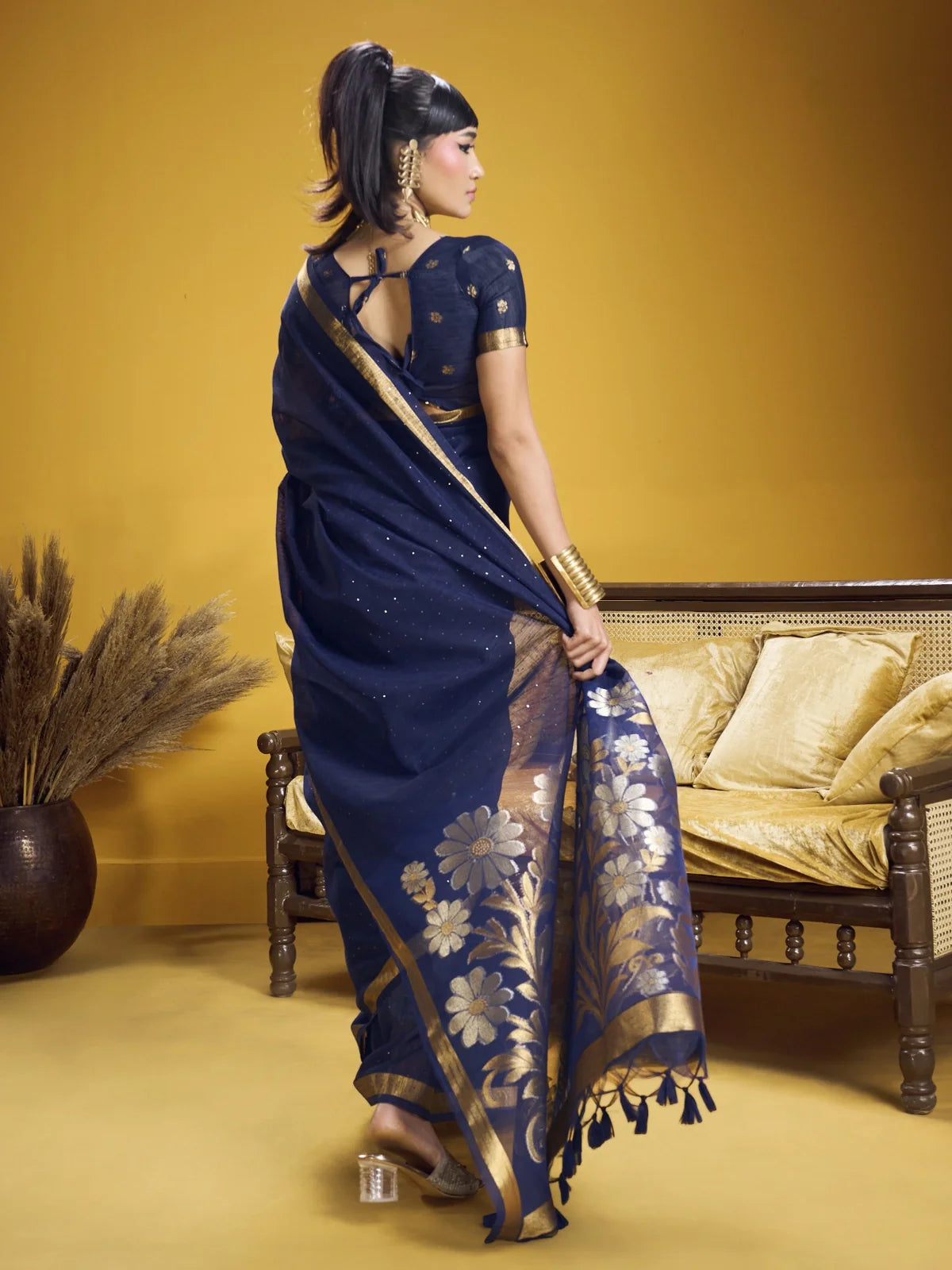 Tarani navy blue silk saree back view with classic blouse and elegant silhouette