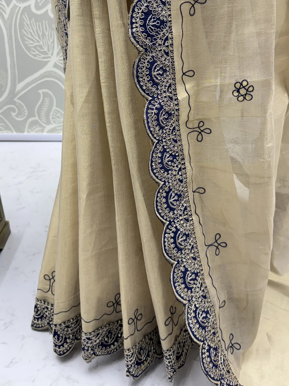 Tarani navy blue Erodee Silk saree closeup view showing dori and gotta pati border work