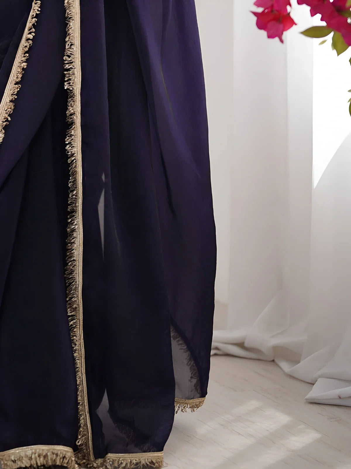 Tarani soft space silk navy blue saree with sequin zalar lace border detailing - close-up view