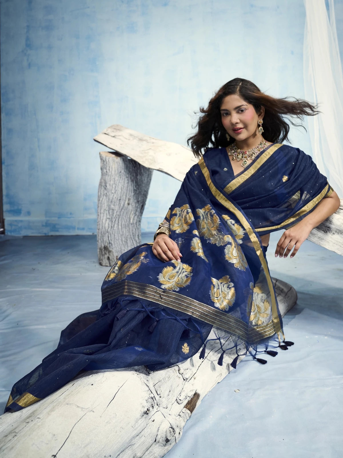 Tarani navy blue handloom saree front view with elegant Organza pallu