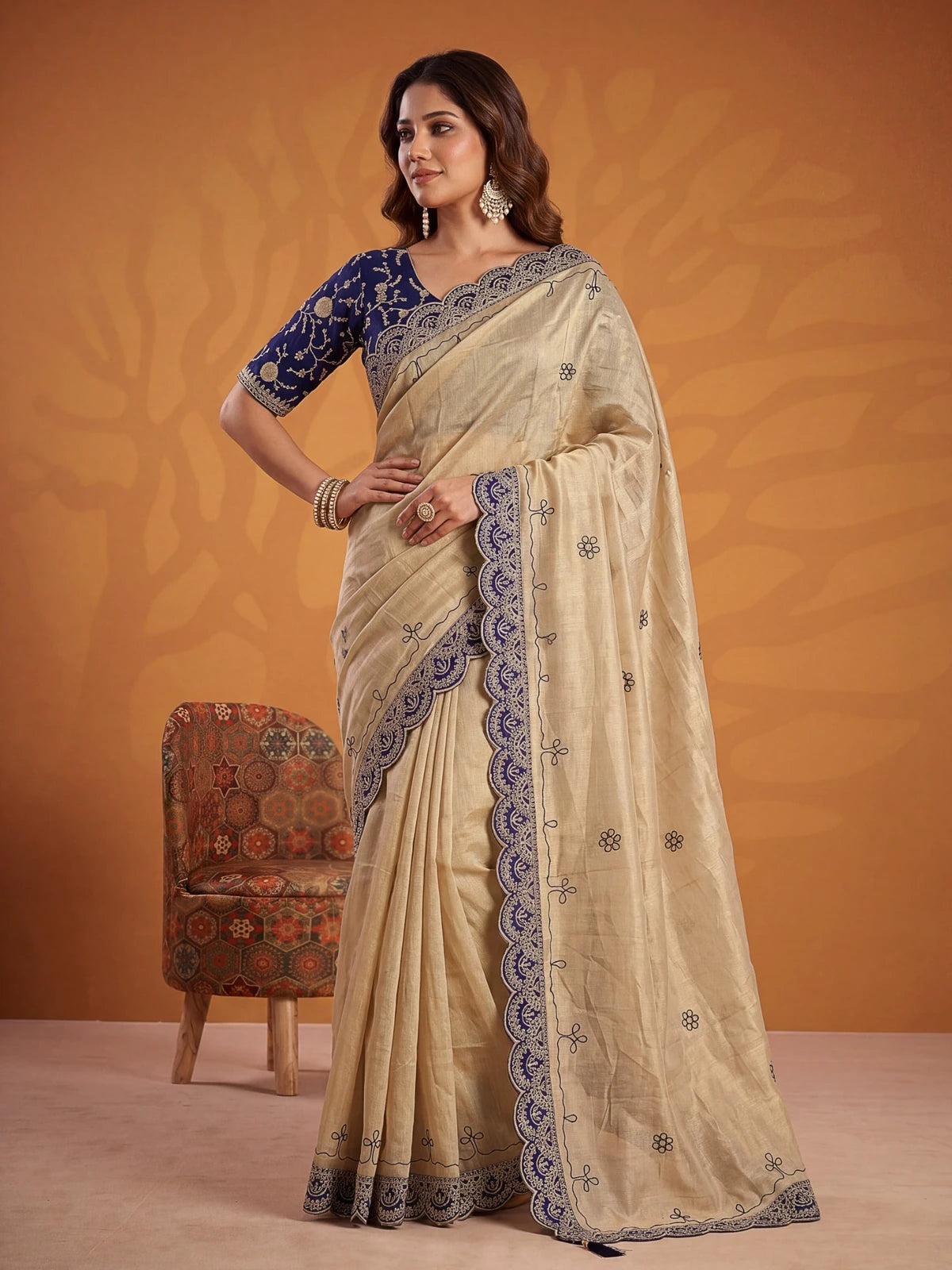 Tarani navy blue Erodee Silk saree front pose with detailed border and party wear blouse