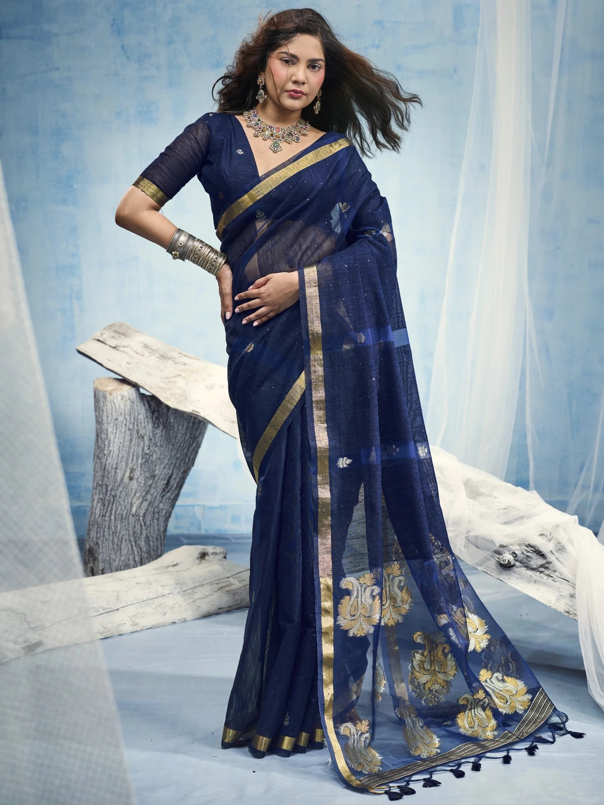 Tarani navy blue Pure Munga Silk Handloom saree full view with Organza pallu and woven border