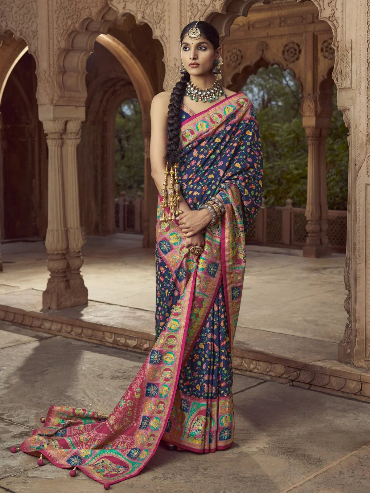 Tarani navy blue silk saree full view with intricate floral print and traditional border