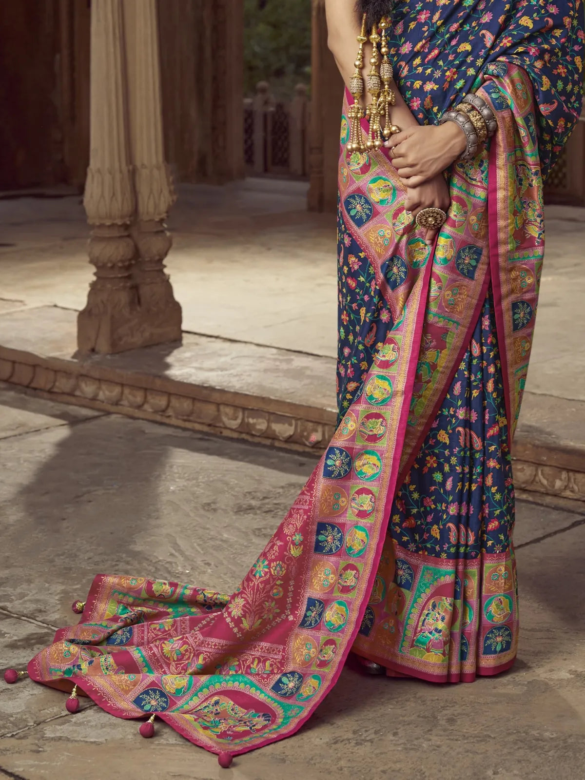 Tarani blue silk saree pallu view highlighting detailed artwork and rich texture