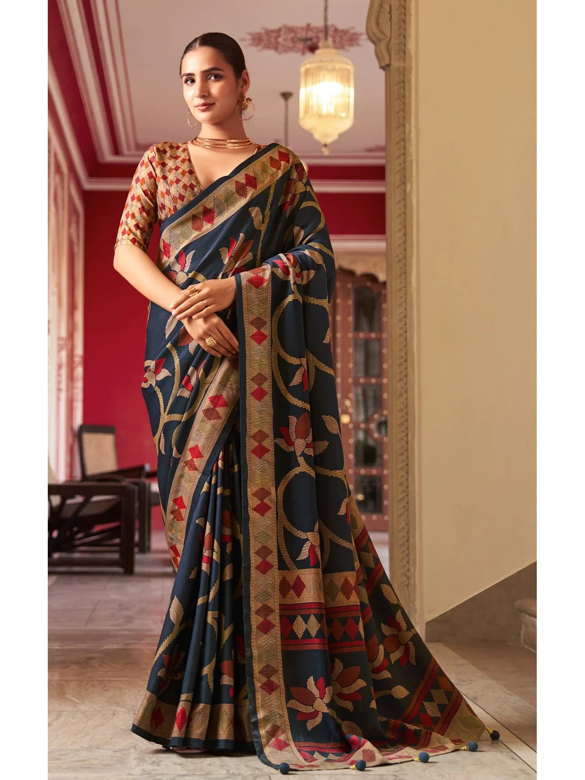 Tarani navy blue silk saree full view with traditional red and gold floral woven design