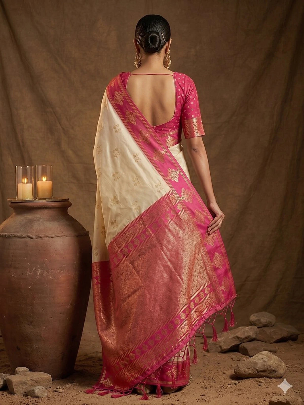Tarani off white zari work saree back view with pink woven pallu and blouse detailing