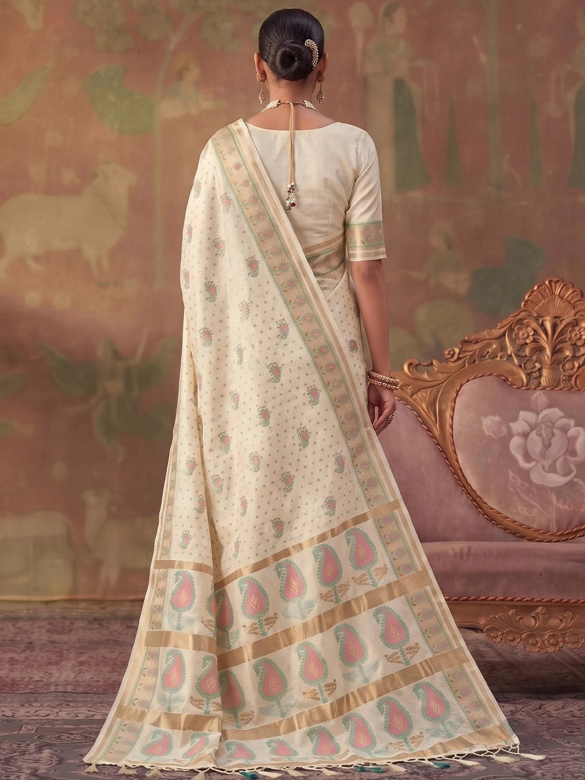 Tarani off white silk saree with zari weaving back view highlighting pallu