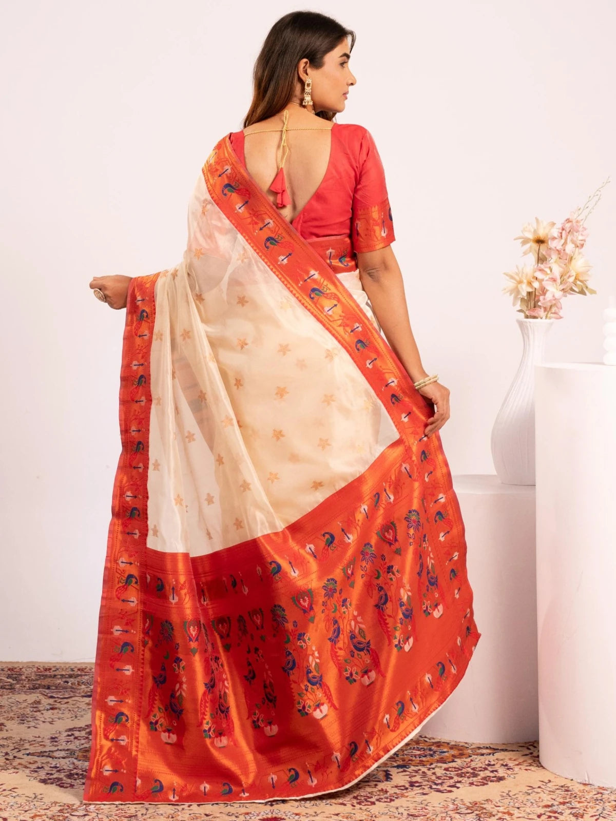 Tarani off white Paithani saree back view with blouse design