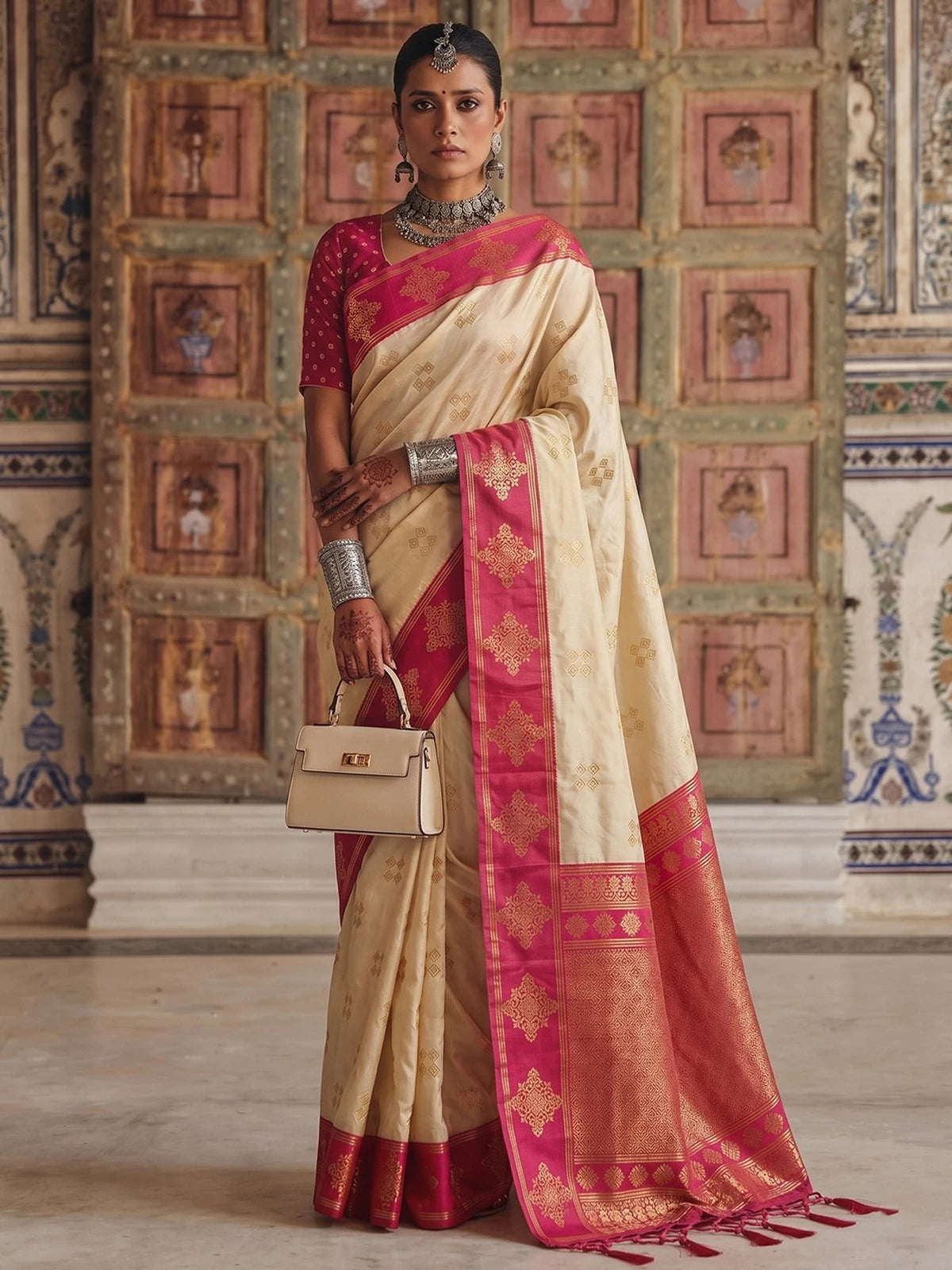 Tarani premium soft silk off white saree full front view with pink woven border