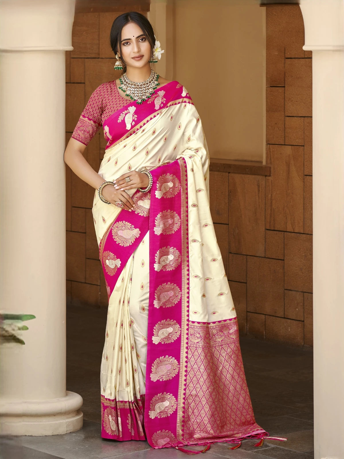Tarani off white silk saree with pink zari border full view for wedding and festive wear