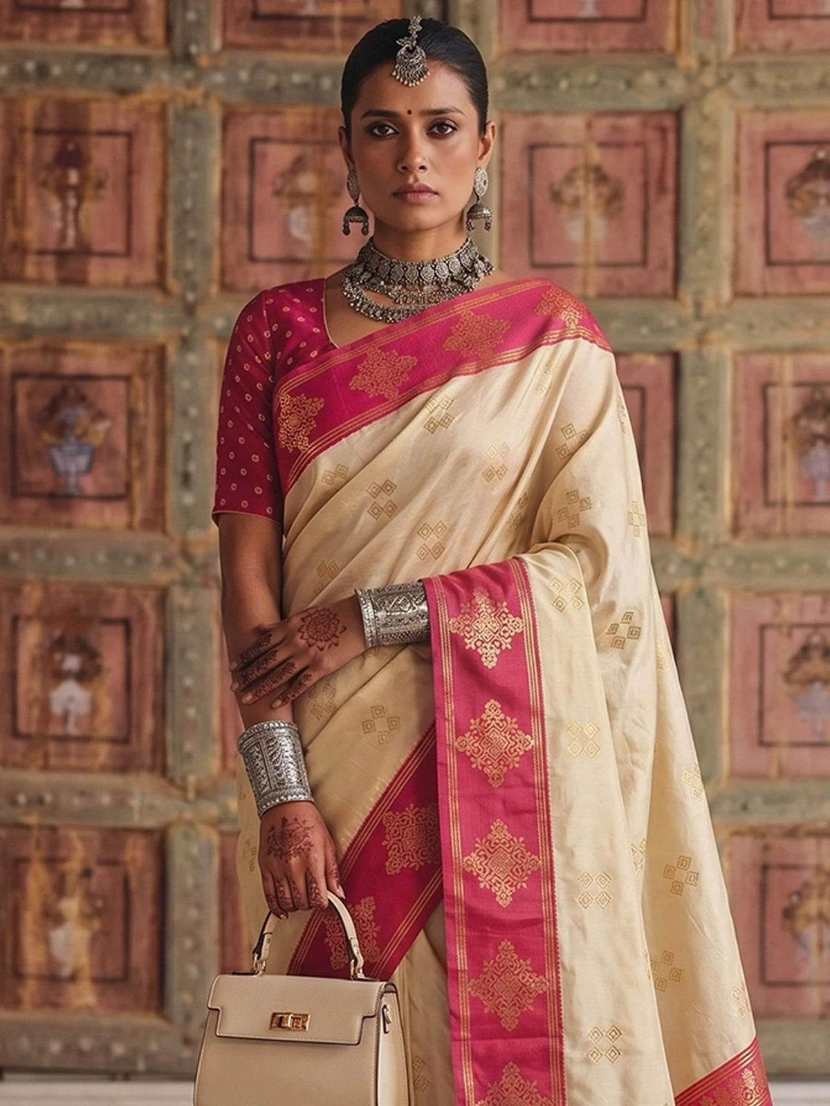 Tarani off white soft silk saree upper body front with woven border