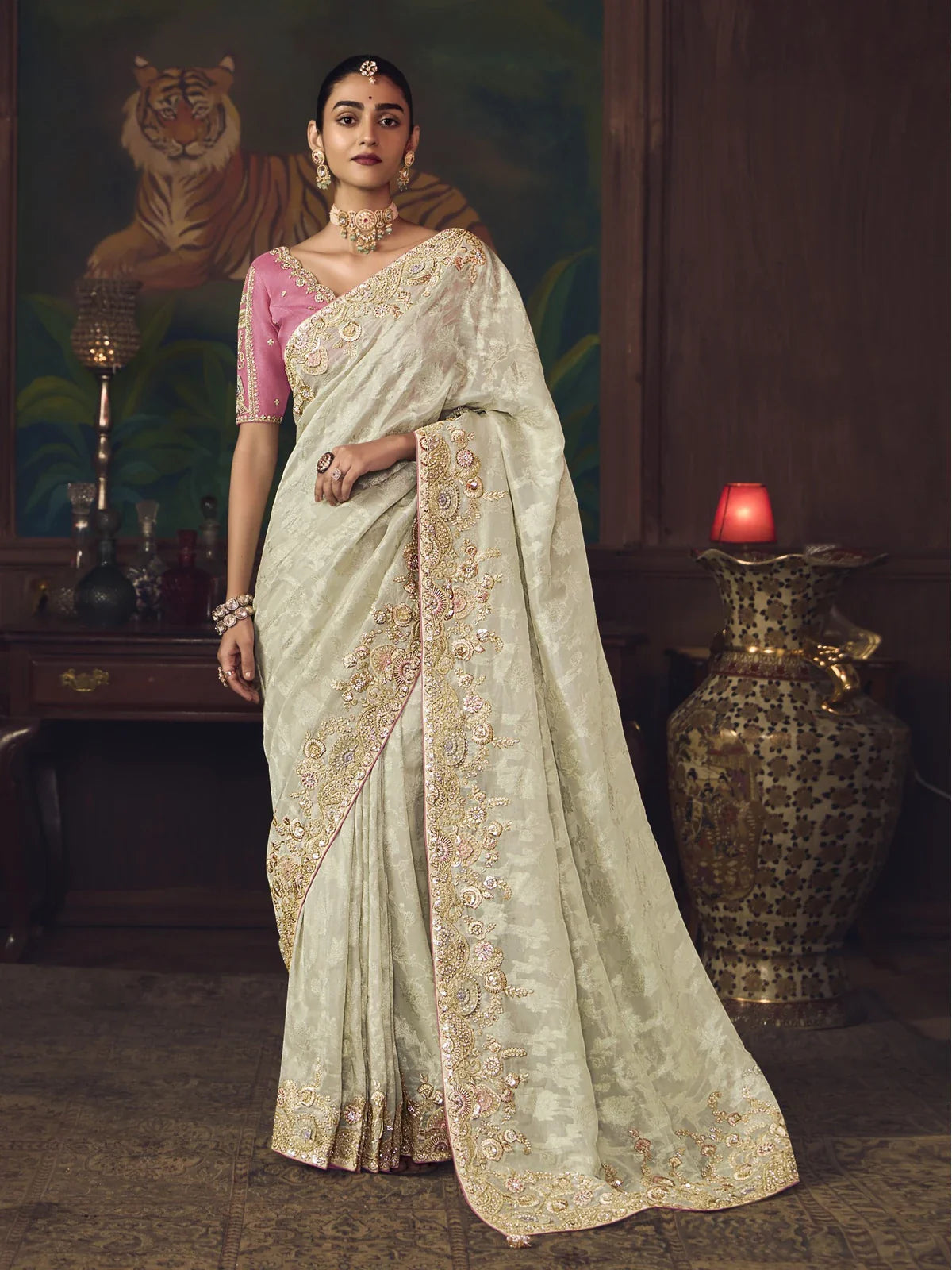 Tarani premium offwhite silk saree with pink embroidered blouse full view for wedding wear