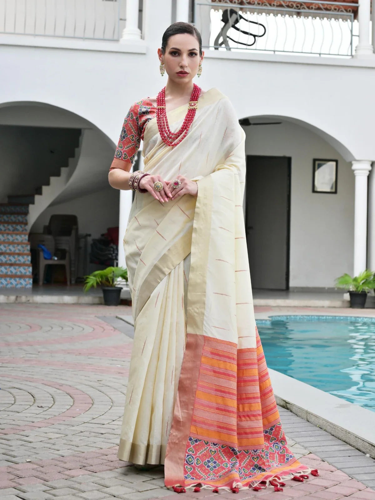 Tarani soft khadi raw silk off white saree with contrast ikkat blouse full front view
