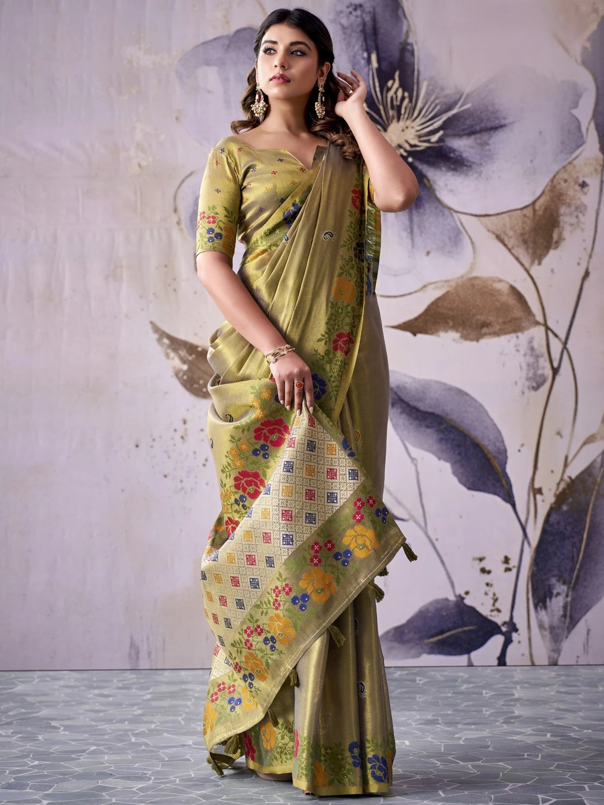 Tarani tissue silk olive saree with floral woven border front view