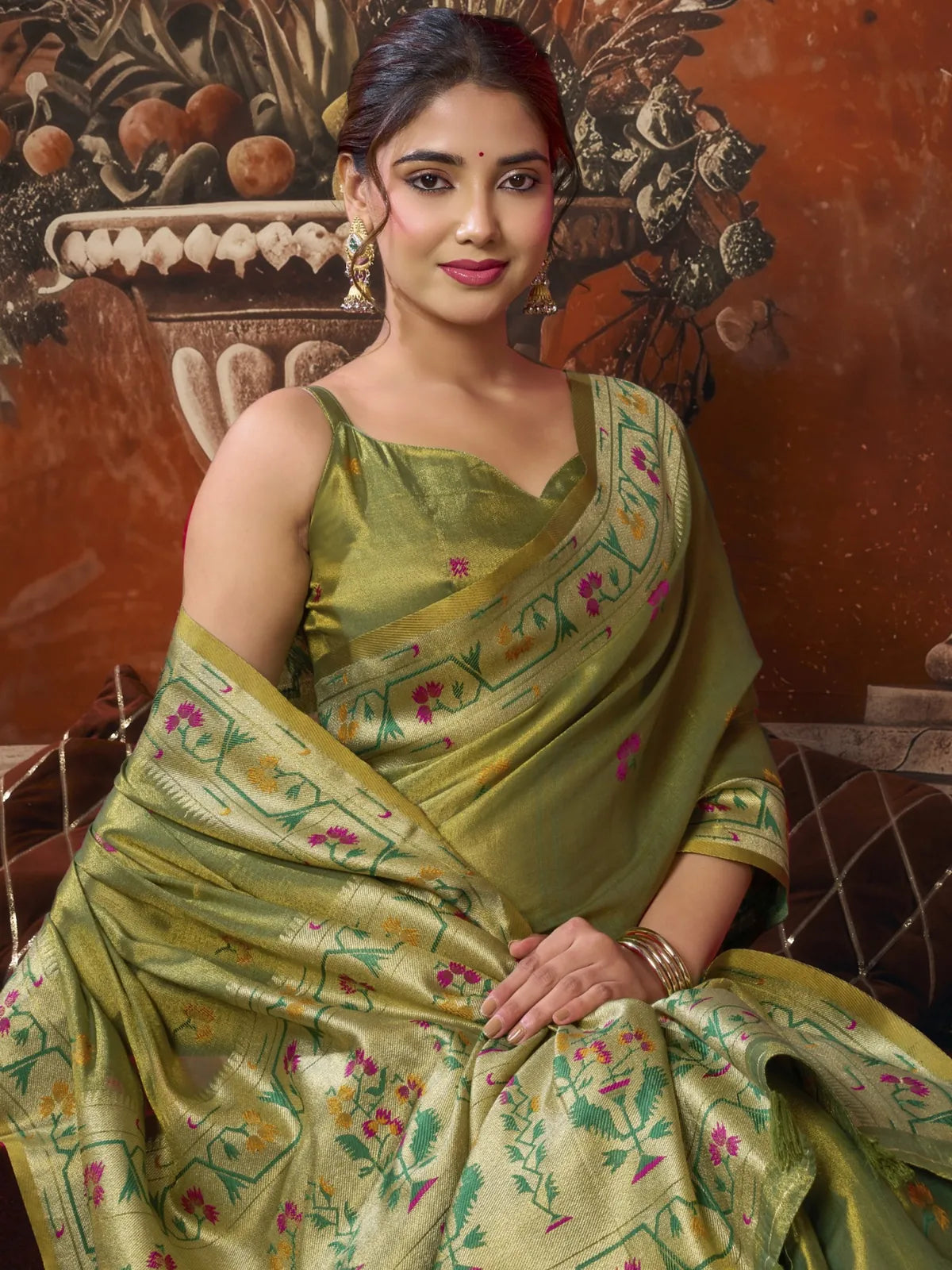 Tarani premium olive green tissue silk Paithani saree upper body view with elegant border