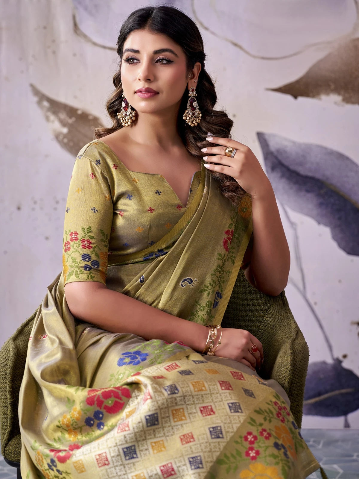 Tarani tissue silk olive saree with floral woven border upper body view