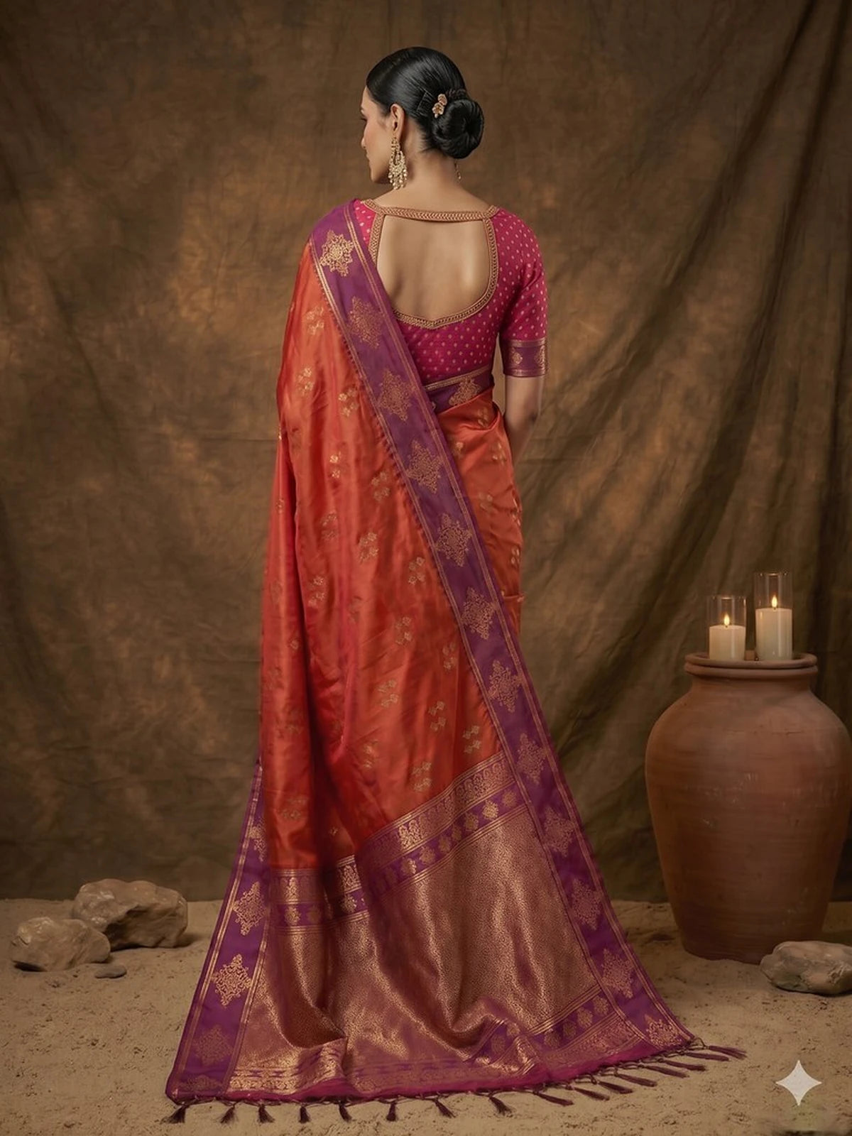 Tarani orange wedding wear silk saree back drape with zari woven border and blouse design