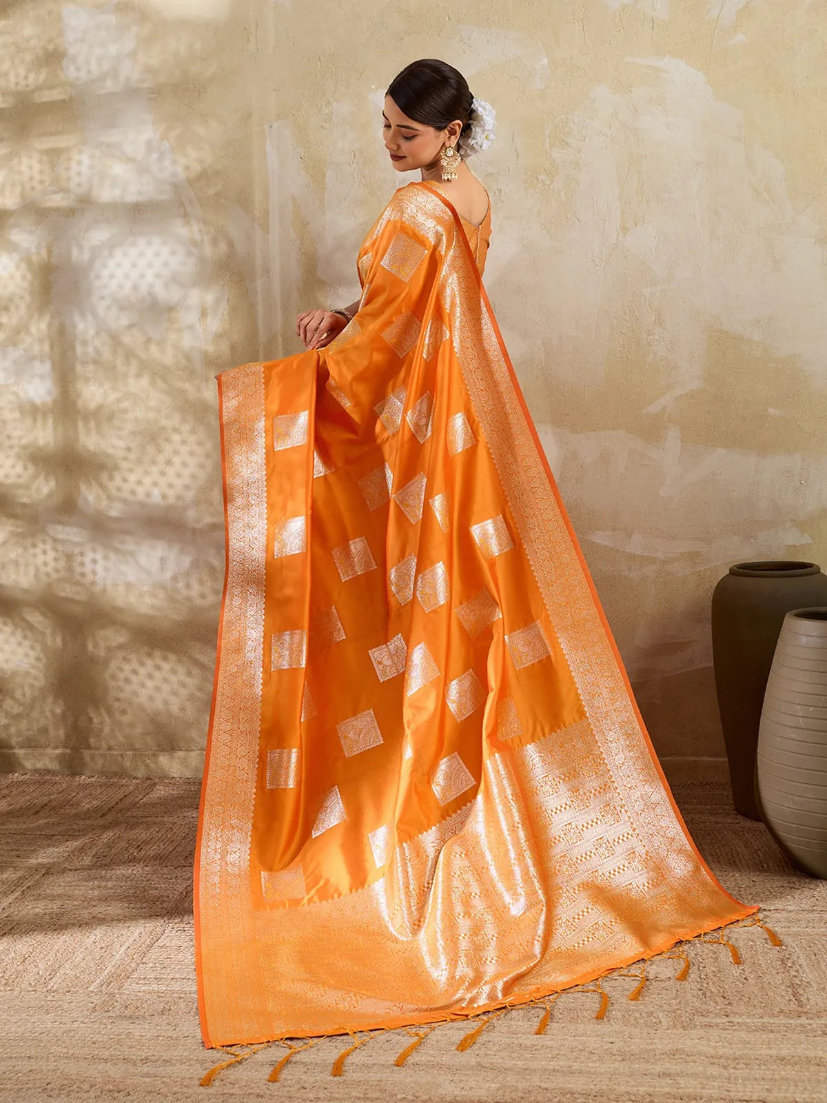 Tarani orange silk blend zari work saree elegant back drape view